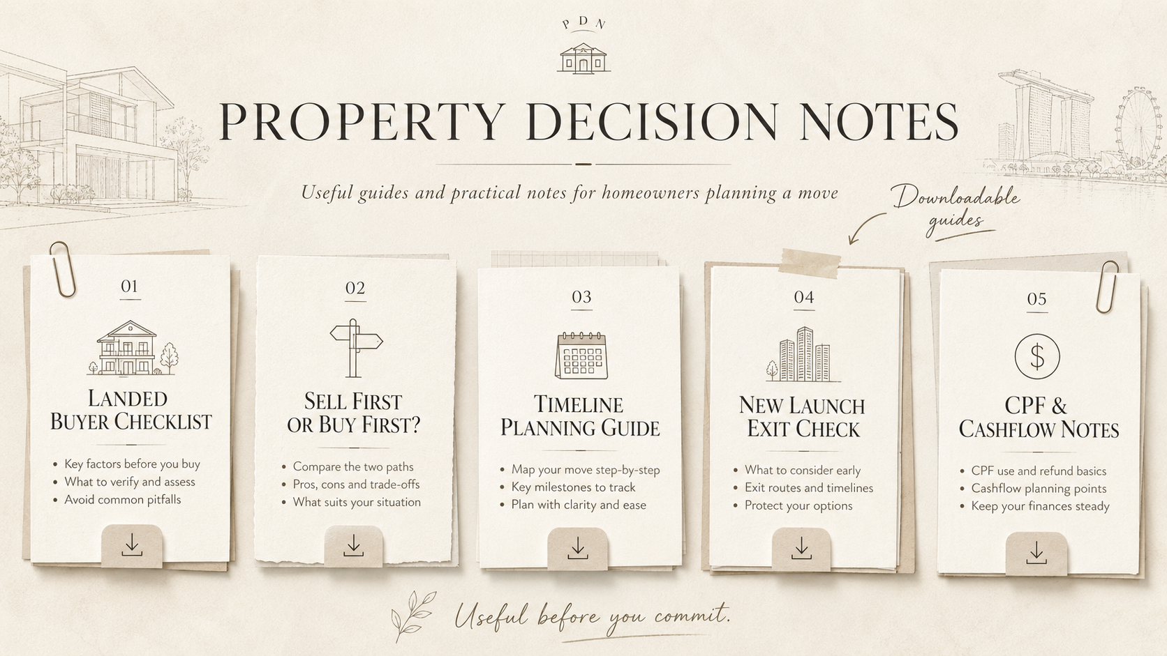 Property decision notes and downloadable guides infographic